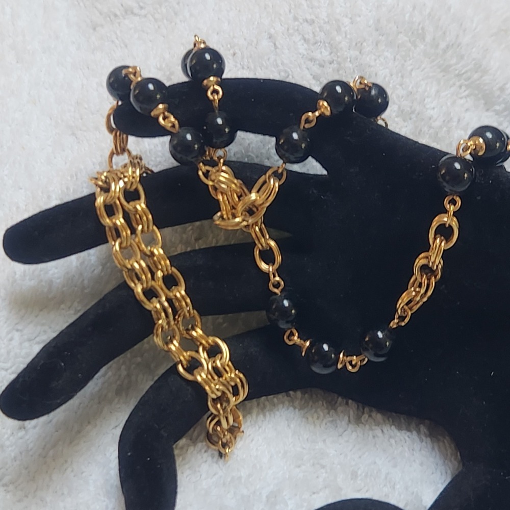 Vintage Gold Tone Double Link Chain Necklace with Black Round Beads Trifari